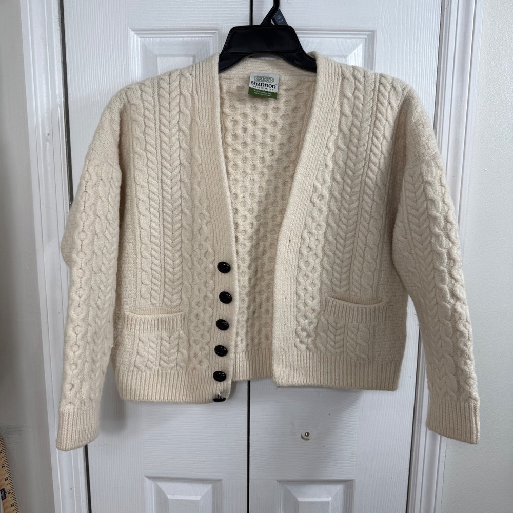 Shannon Woolen Mills Cardigan L Cream Irish Merino Wool Cable Knit Cottagecore